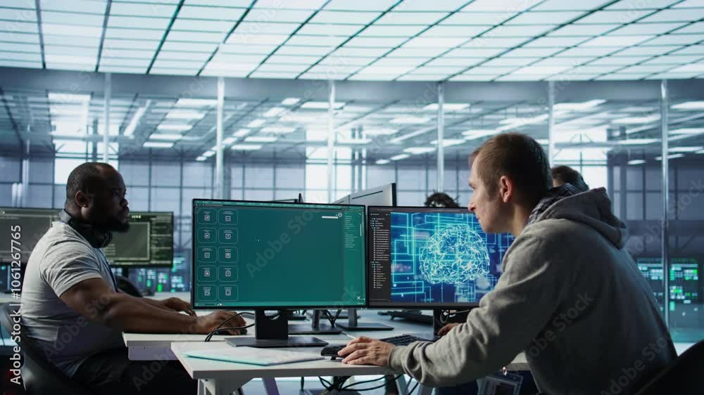 Poster it professional in office building ai diffusion model app turning text into clips. system administra
