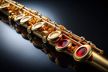 Fototapeta premium A golden flute, a symbol of music, rests on a black, timeless stage.