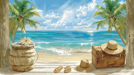 Obraz premium Gentle ocean waves lap against the shore as palm trees sway in the breeze. Nearby, summer accessories like hats and sandals rest beside a rustic barrel and an old suitcase, inviting relaxation.