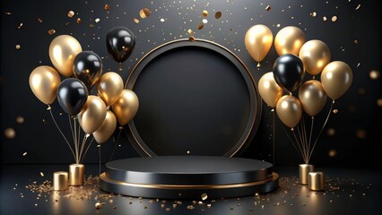 Elegant black and gold circular podium with balloons and confetti, perfect for celebrations and showcases , podium