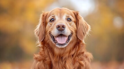 Joyful golden retriever enjoys sunny autumn day in beautiful park filled with colorful leaves
