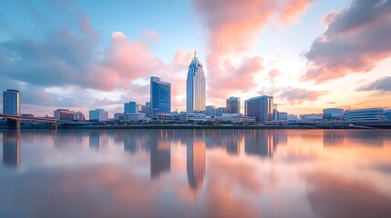 Naklejka premium Urban skyline reflections captured at dusk showcasing cityscape beauty