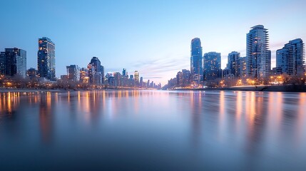 Fototapeta premium City skyline reflects on tranquil water at dusk showcasing urban architecture and serenity