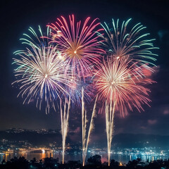 Happy New Year Typography with Fireworks in Night Sky