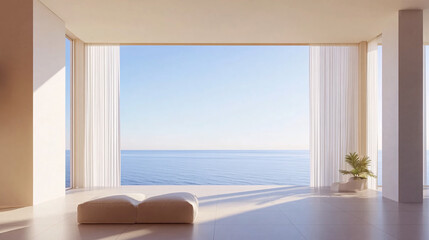 Fototapeta premium minimalist beach house interior with white sofa and ocean view