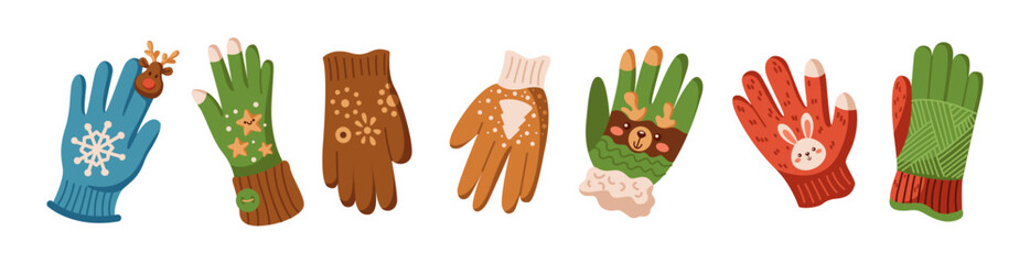 Colorful winter knitted gloves with Christmas patterns flat color vector objects set. Funny warm handwear accessories illustrations pack on white