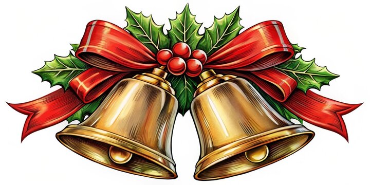 Christmas bells with clean black outline, festive bells tied with a bow, perfect for holiday decorations, Christmas