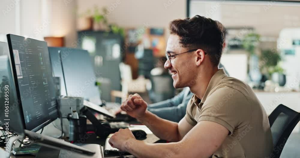 Aufkleber Computer, fist pump and web development with man software engineer in office for coding or programming. Desktop, motivation and winner with happy employee in workplace for design or online success