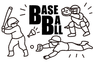 草野球で打つ・捕る・守るプレイをしている人（クレヨン線）