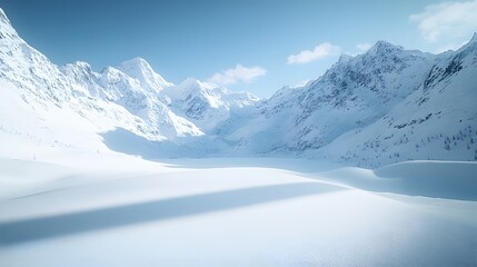 A serene winter landscape with snow-covered mountains and a clear blue sky.