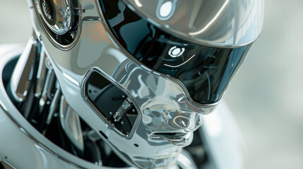close up of sleek, conceptual robot showcasing its shiny metallic surface and futuristic design. intricate details highlight advanced technology and innovation