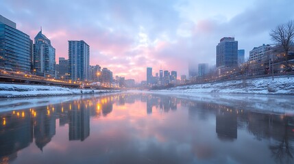 Fototapeta premium Cityscape reflections a serene winter morning over the river with urban skyline and colorful sky