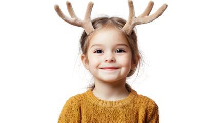 Child girl with deer antlers isolated on white background
