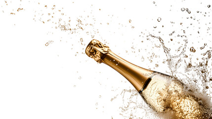 Champagne Celebration: Effervescent Splash from Bottle isolated on white background
