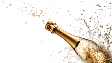Champagne Celebration: Effervescent Splash from Bottle isolated on white background