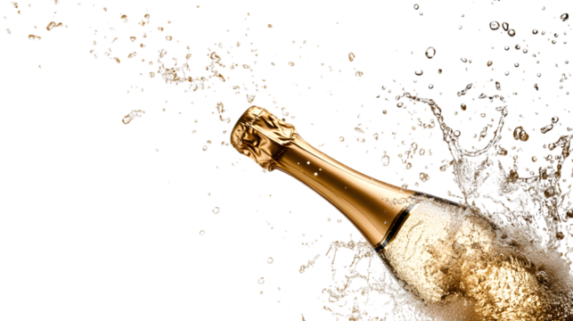Champagne Celebration: Effervescent Splash from Bottle isolated on white background - Powered by Adobe