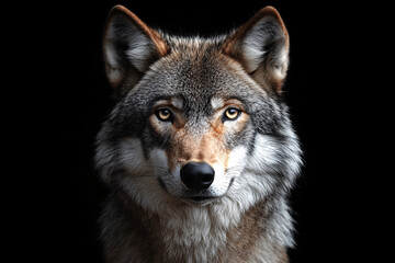 A striking black and white portrait of a wolf, perfect for wildlife conservation campaigns, animal rights activism, and nature-themed designs.