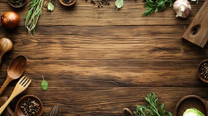 Fresh Herbs and Spices on Rustic Wooden Table