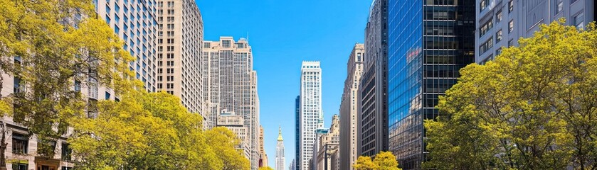 Obraz premium A vibrant cityscape featuring modern skyscrapers and lush trees under a clear blue sky.