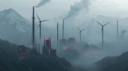 Fototapeta premium Carbon footprint, industrial factory skyline, realistic 3D illustration Sustainable energy sources, wind turbines in foggy mountains, 3D illustration