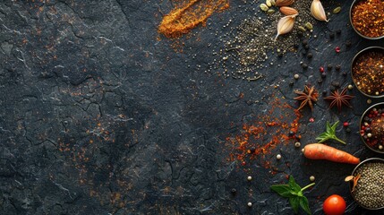 Different spices on stone surface from above, with space for text