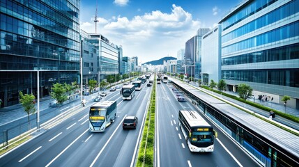 A busy urban street scene showcasing modern buildings and various vehicles in motion.