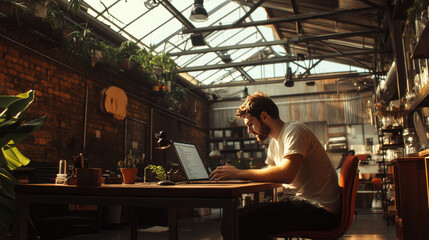 Obraz premium Man Working in Industrial Loft Office
