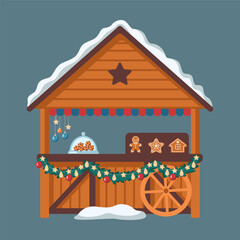 Obraz premium Wooden market stall with Christmas decorations flat color vector object. Festive bazaar with tasty pastry illustration on green background
