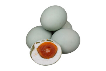 Whole salted duck eggs with other half slices isolated transparent