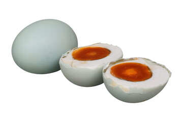 Whole salted duck eggs with other half slices isolated transparent
