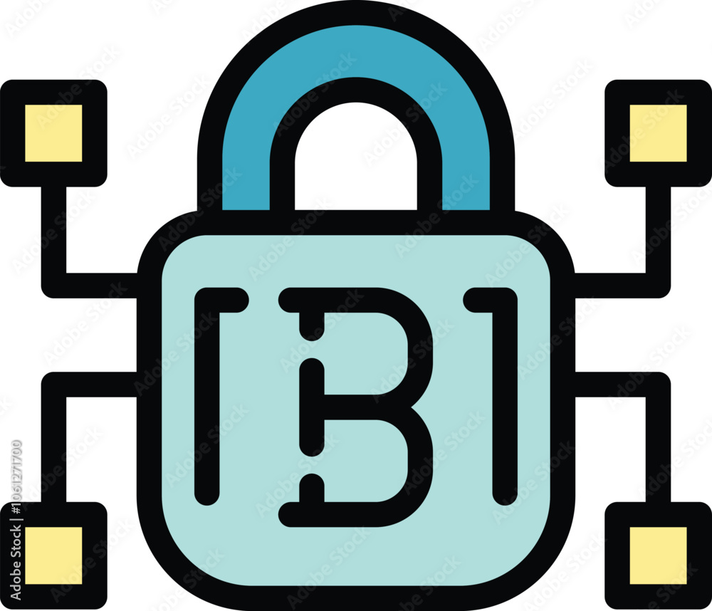 Poster icon of a padlock protecting bitcoin data representing the concept of blockchain security
