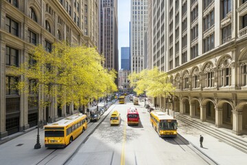 Fototapeta premium A vibrant city street scene with yellow taxis and autumn trees amidst tall buildings.