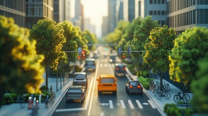 Fototapeta premium Carbon-neutral transport, bike lanes and electric cars, urban setting, 3D illustration