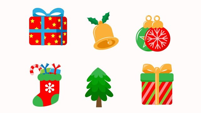 animated christmas theme sticker pack on transparent background, gifts, bells, christmas trees and more.