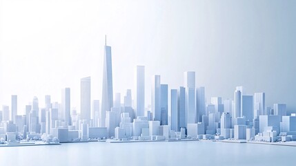 Fototapeta premium 2410_013.pure white metropolitan model, high-rise financial district, pristine architectural massing study, subtle blue gradients, refined building details, clean geometric urban layout, professional