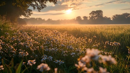Breathtaking Sunrise Illuminates Wildflower Meadow in Serene Landscape