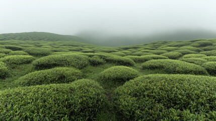 A misty morning over lush green tea plantation in the hills.