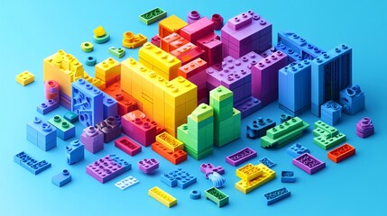 Obraz premium 2410_064.vector building set illustration, rainbow-hued blocks, diverse brick sizes, organized chaos layout, azure background, precise details, simplified 3d rendering, nostalgia-inducing design