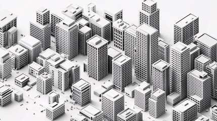 2410_079.isometric city block pictograms, stark black and white contrast, simplified architectural forms, cube-based designs, assorted building sizes, schematic urban layout, white negative space