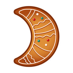 Gingerbread crescent moon biscuit with sweet glaze flat color vector object. Homemade cookie for Christmas party illustration on white background