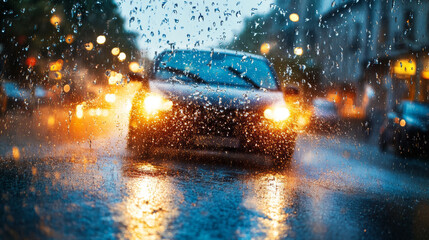 Raindrops on Car Windshield at Night