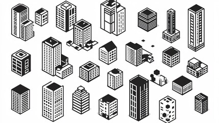2410_077.monochromatic isometric cityscape icons, geometric building shapes, black outlines on white, diverse architectural elements, simplified urban planning concept, 3d cube-like structures
