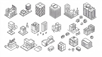 2410_080.clean line art urban icons, axonometric perspective, black outline structures on white, diverse building types, simplified geometric shapes, abstract city planning concept, isometric grid