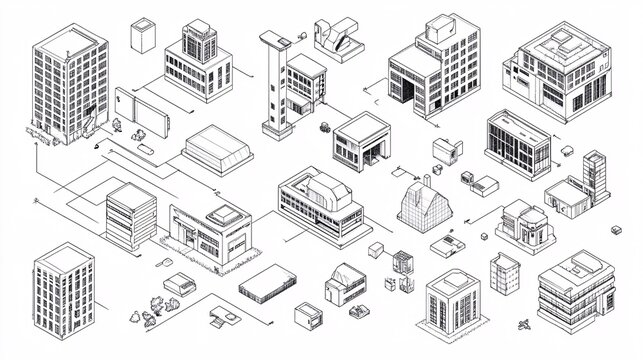 2410_080.clean line art urban icons, axonometric perspective, black outline structures on white, diverse building types, simplified geometric shapes, abstract city planning concept, isometric grid