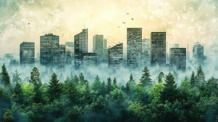 Carbon neutrality target, forested area and urban skyline, 3D illustration