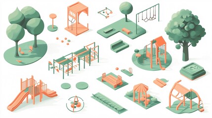 2410_021.isometric park elements collection, stylized playground equipment, geometric green trees, vibrant outdoor furniture, children play areas, modern vector illustration style, clean design