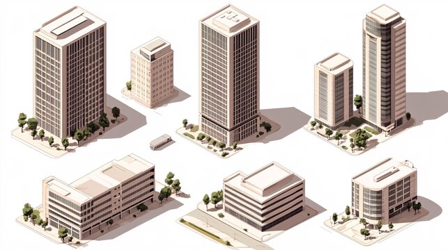 2410_029.contemporary office tower collection, urban architecture set, precise isometric designs, modern building facades, small scale urban details, professional vector rendering, light corporate