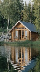 Tranquil wooden log cabin retreat reflecting on a peaceful forest lake, ideal for a rustic Nordic summer vacation escape.