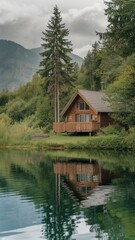 Fototapeta premium Serene wooden A-frame cabin retreat reflecting in the still alpine lake, emphasizing peaceful seclusion within a lush green forest.