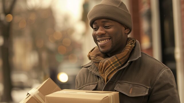 Delighted customer receives package at doorstep, representing quick and efficient delivery service